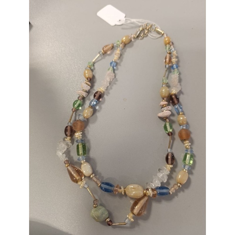 collier vintage double rang en perles de verre et quartz