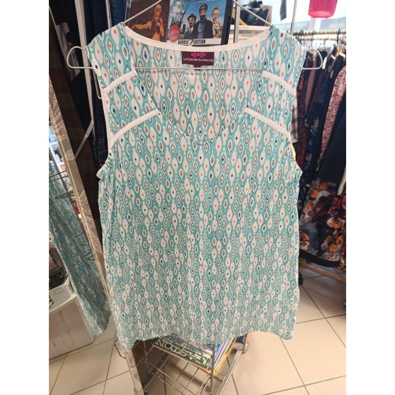 tunique sans manches turquoise motif "oeil de paon" fiancée du Makong taille 38