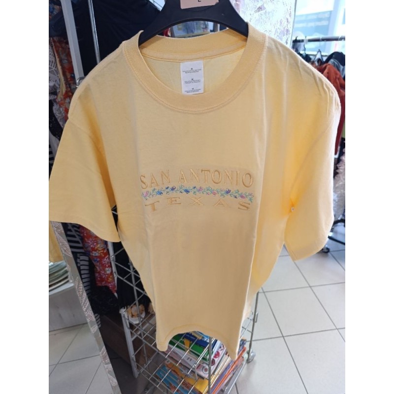 Tshirt souvenir san Antonio texas jaune pastel broderie florale et strass taille M