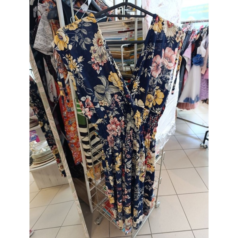 robe été bleu marine à fleurs col V devant et dos smock taille taille 42/44