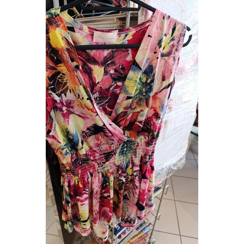 haut d'été sans manches col v motifs floraux-tropicaux colorés taille 42/44