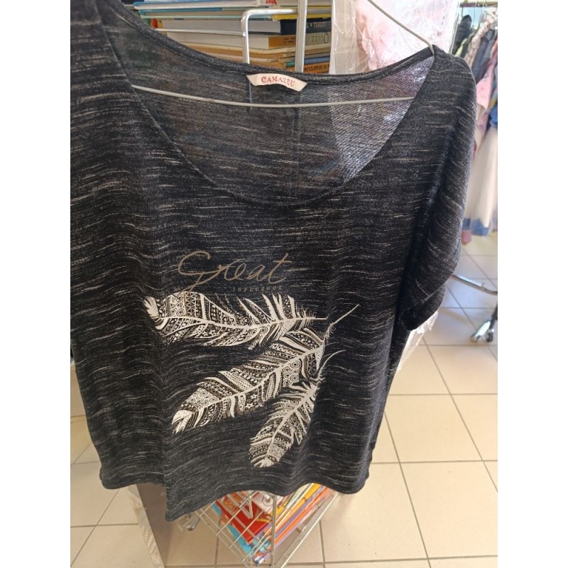 tshirt gris foncé motif plumes camaieu taille 46