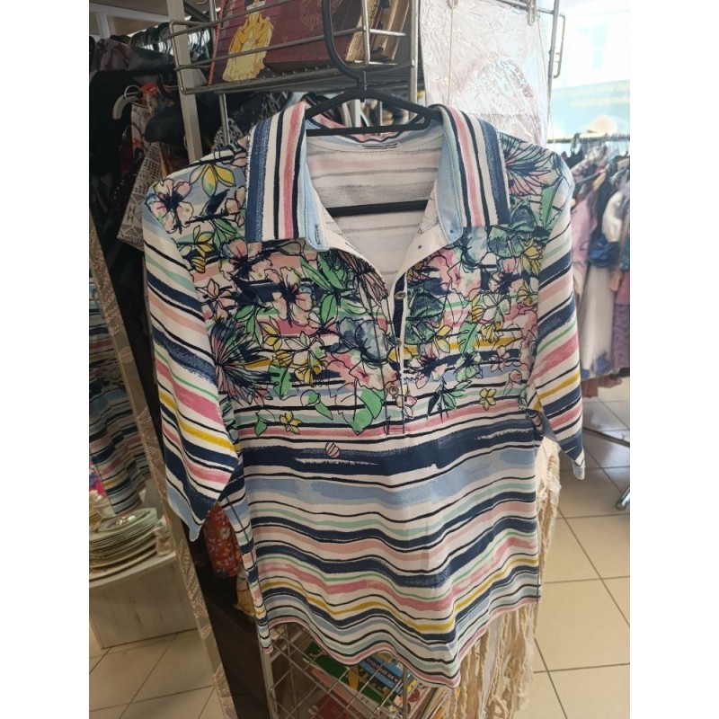 polo en coton manches courtes style vintage dessins fleurs lignes peinture à l'eau taille 44