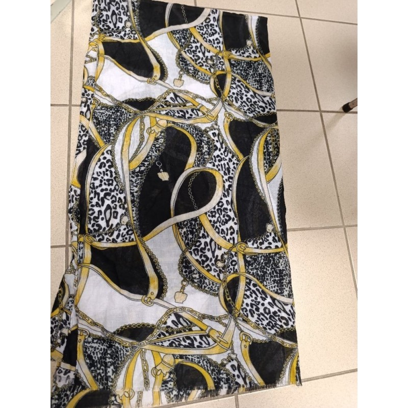 grand foulard ou châle noir et jaune motifs chaines &  boucle ceinture