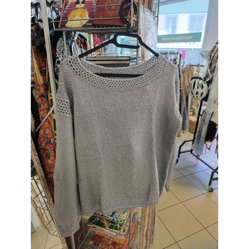 pull gris col rond grande taille fait main