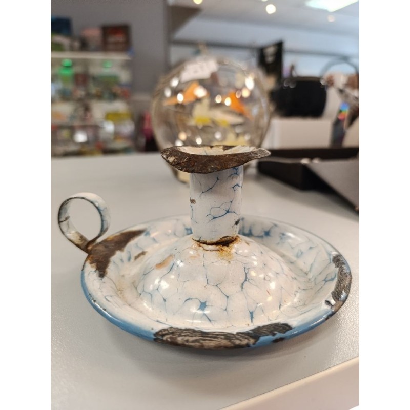 bougeoir vintage tôle émaillée marbré blanc bleu patiné